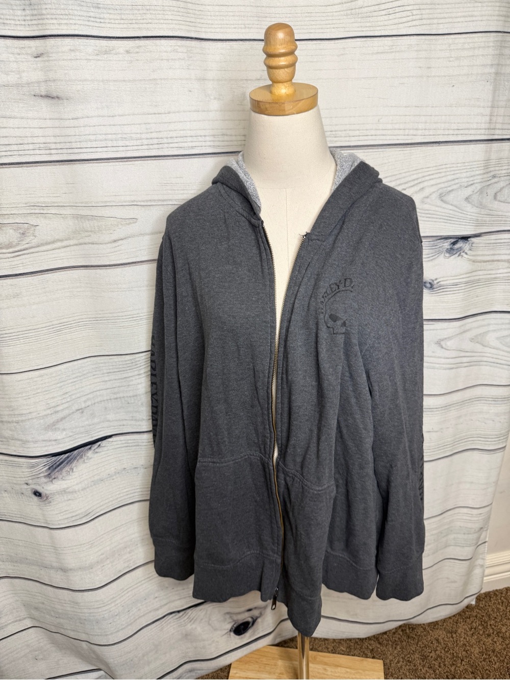 Harley-Davidson Gray Full-Zip skull print Hooded Sweatshirt